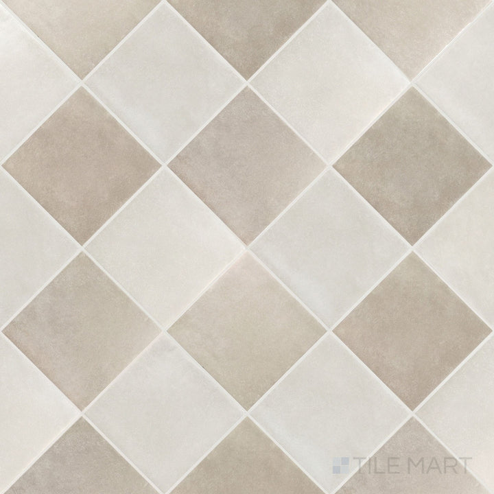 Overview of Stage 4x4 white and taupe checkerboard matte porcelain tile from an alternate angle highlighting its soft warm neutral contrast and geometric pattern layout