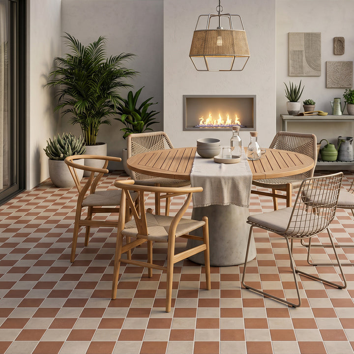 Taupe and terracotta 4x4 matte porcelain checkerboard tile showcasing a rich earthy palette with natural, grounded warmth
