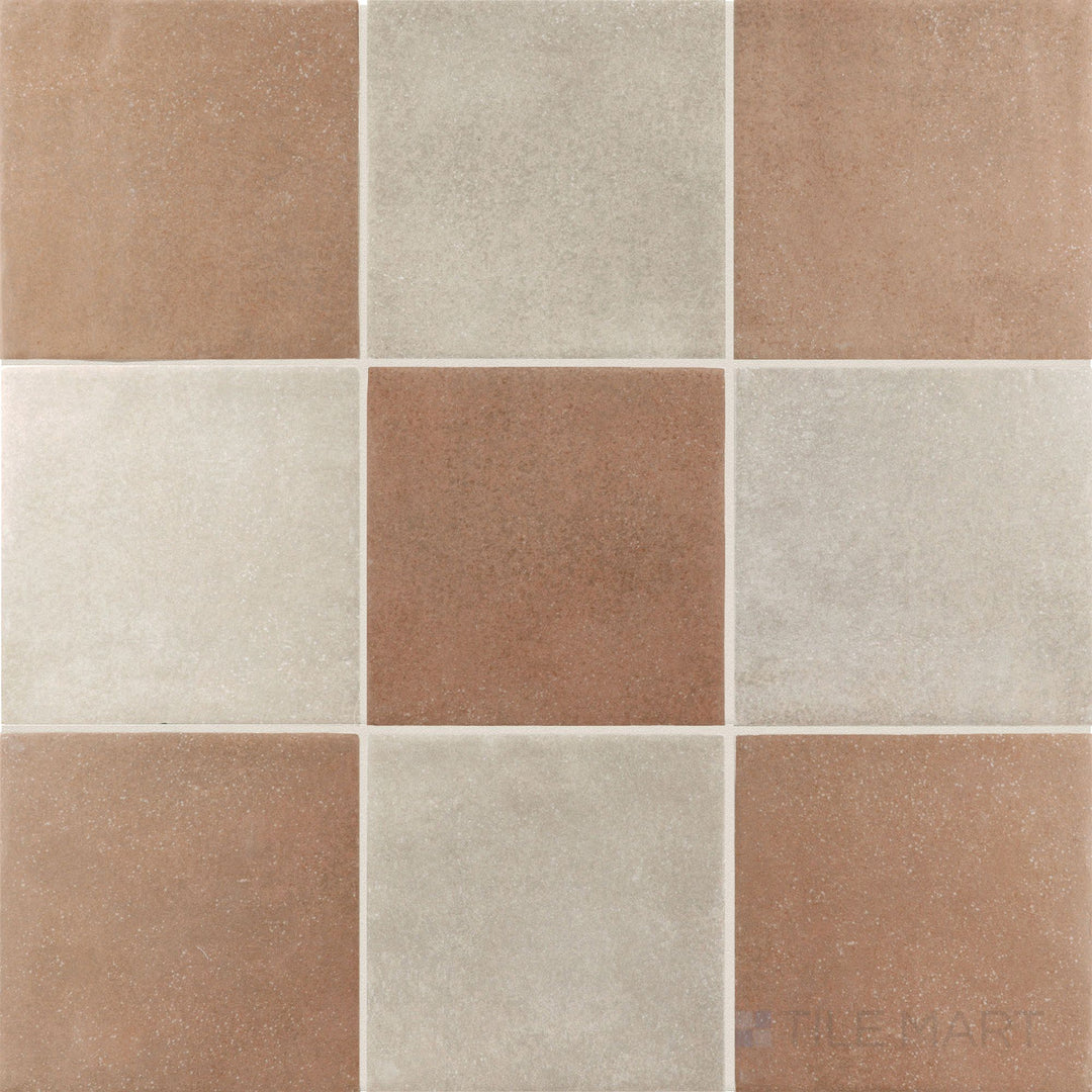 Earthy checkerboard porcelain tile pairing warm taupe and terracotta tones in a matte 4x4 pattern