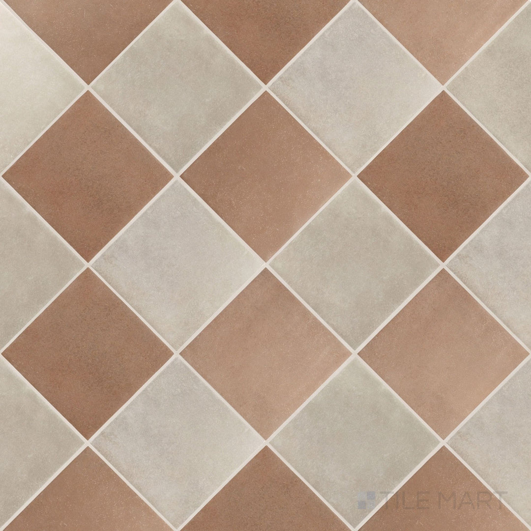 Overview of Stage 4x4 taupe and terracotta checkerboard matte porcelain tile from an alternate angle highlighting its earthy warm tonal pairing and geometric pattern