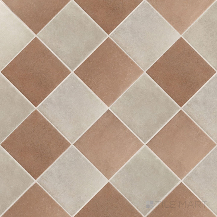 Overview of Stage 4x4 taupe and terracotta checkerboard matte porcelain tile from an alternate angle highlighting its earthy warm tonal pairing and geometric pattern