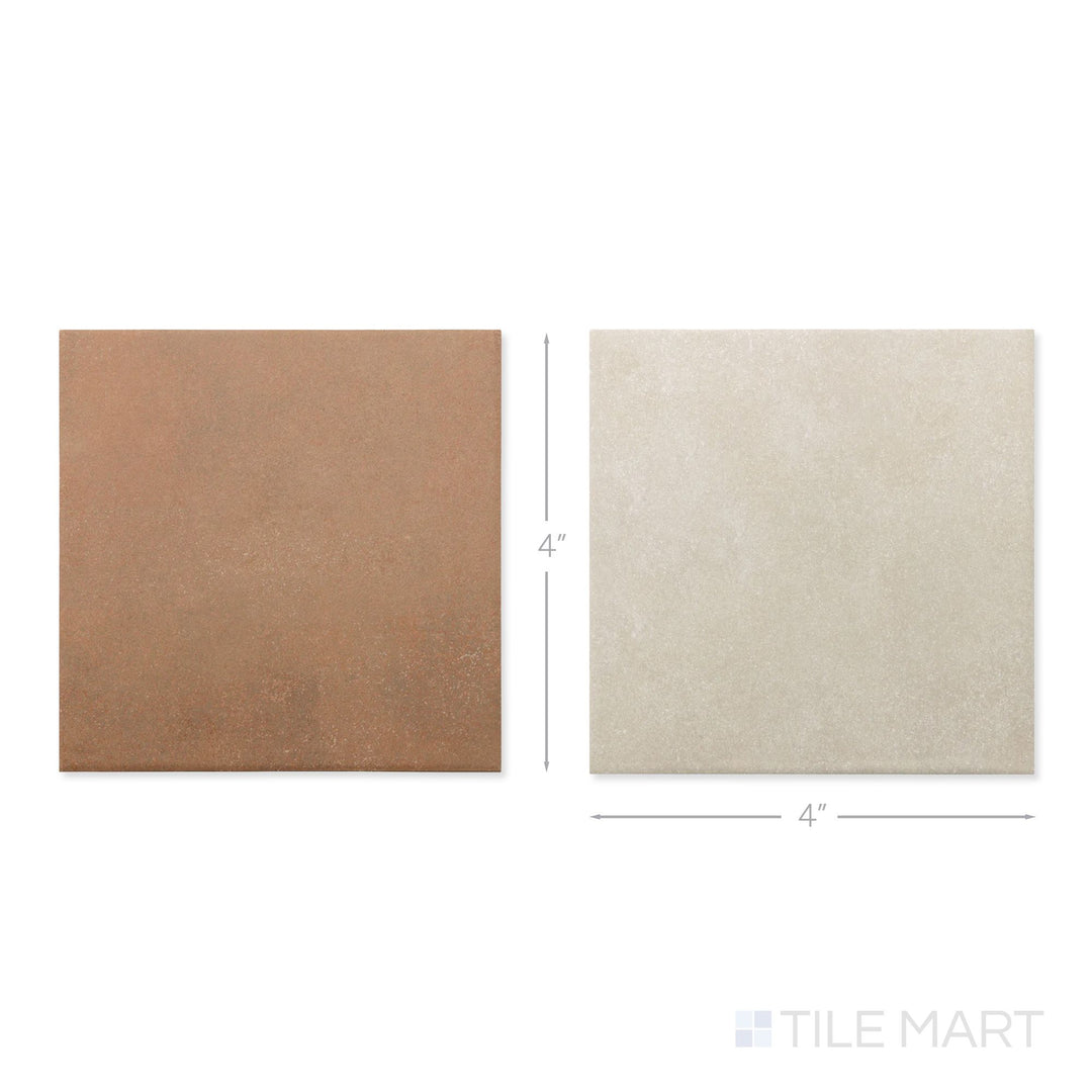 Top-down view of a single Stage 4x4 taupe and terracotta checkerboard matte porcelain tile showing its warm earth-toned surface and matte finish detail