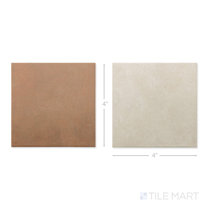 Top-down view of a single Stage 4x4 taupe and terracotta checkerboard matte porcelain tile showing its warm earth-toned surface and matte finish detail