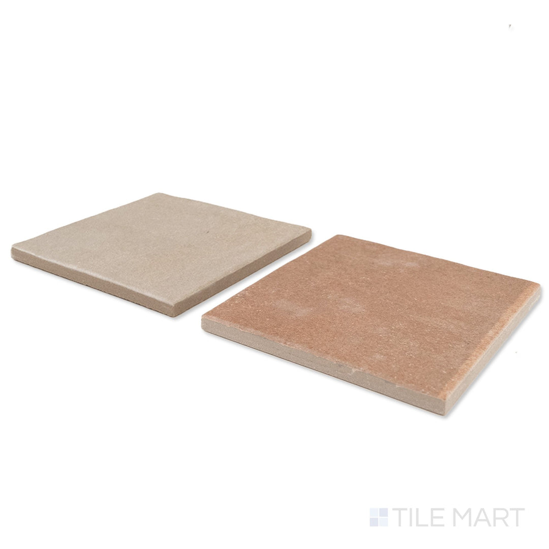 Corner shot of Stage 4x4 taupe and terracotta checkerboard matte porcelain tile revealing its edge profile and warm earthy matte surface