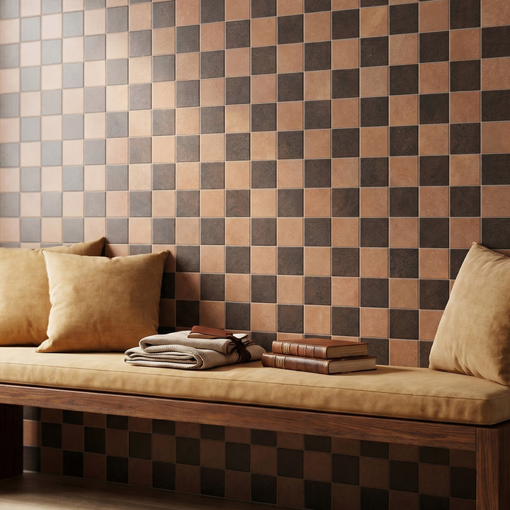 Terracotta and brown 4x4 matte porcelain checkerboard tile capturing a deep, rustic warmth and organic design appeal