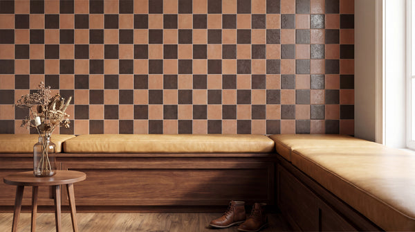 Terracotta and brown 4x4 matte porcelain checkerboard tile emphasizing its tonal depth and rich, sun-baked color character