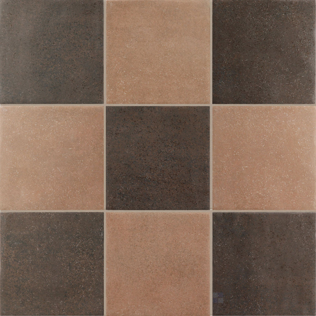 Rich terracotta and deep brown alternating squares in a matte finish 4x4 porcelain checkerboard tile