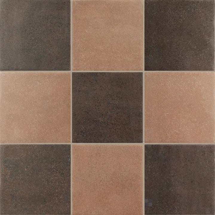 Rich terracotta and deep brown alternating squares in a matte finish 4x4 porcelain checkerboard tile