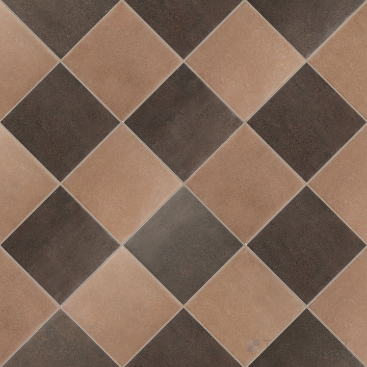 Overview of Stage 4x4 terracotta and brown checkerboard matte porcelain tile from an alternate angle highlighting its rich rustic tonal contrast and classic pattern layout