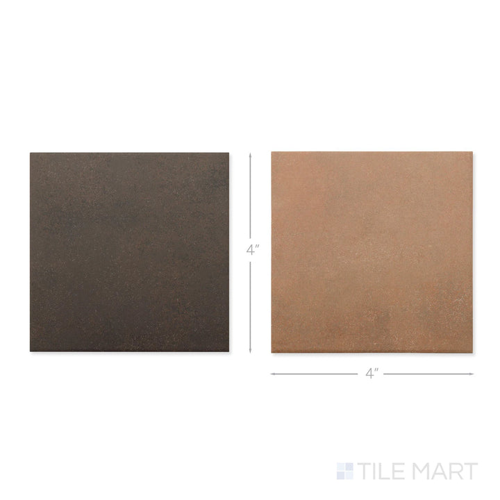 Top-down view of a single Stage 4x4 terracotta and brown checkerboard matte porcelain tile showing its deep earthy two-tone surface and matte finish detail