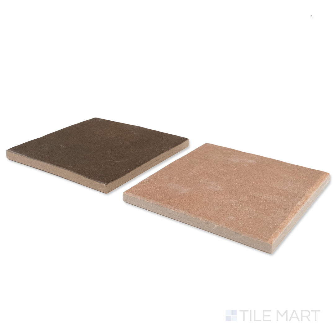 Corner shot of Stage 4x4 terracotta and brown checkerboard matte porcelain tile revealing its edge profile and rich rustic matte surface