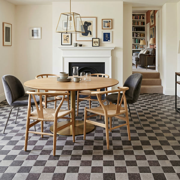Grey and charcoal 4x4 matte porcelain checkerboard tile conveying a sophisticated tone-on-tone palette with modern, moody depth