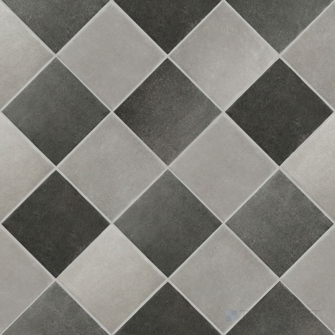 Overview of Stage 4x4 grey and charcoal checkerboard matte porcelain tile from an alternate angle highlighting its sophisticated tone-on-tone contrast and geometric layout