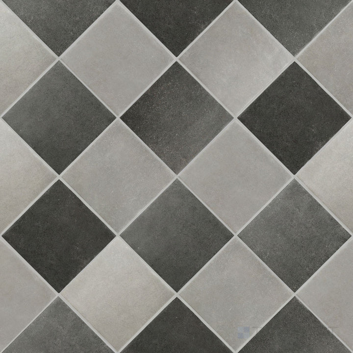 Overview of Stage 4x4 grey and charcoal checkerboard matte porcelain tile from an alternate angle highlighting its sophisticated tone-on-tone contrast and geometric layout