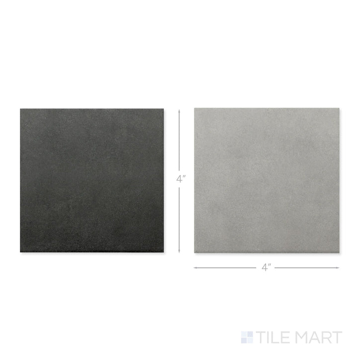 Top-down view of a single Stage 4x4 grey and charcoal checkerboard matte porcelain tile showing its layered cool-toned surface and matte finish detail