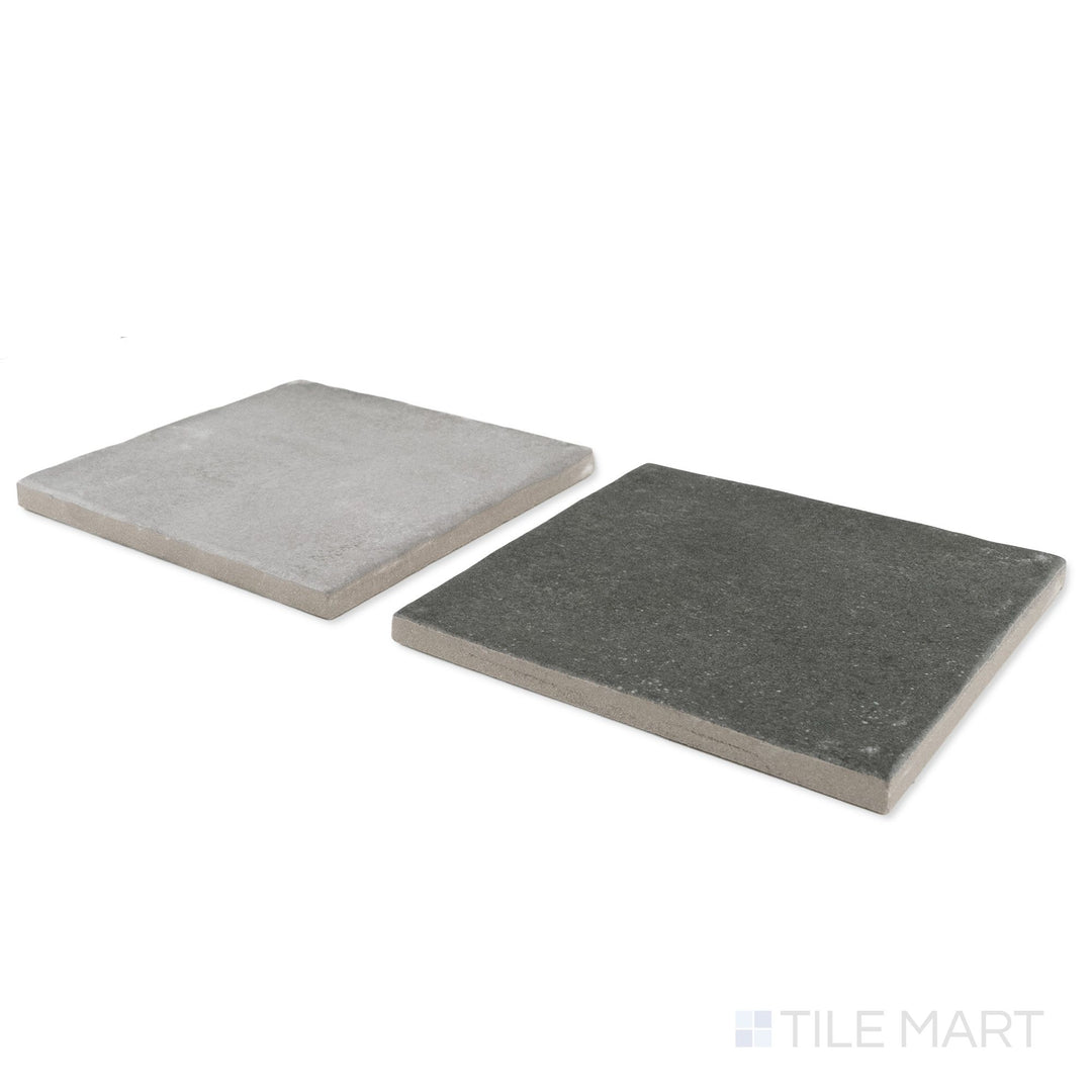 Corner shot of Stage 4x4 grey and charcoal checkerboard matte porcelain tile revealing its edge profile and deep tone-on-tone matte surface