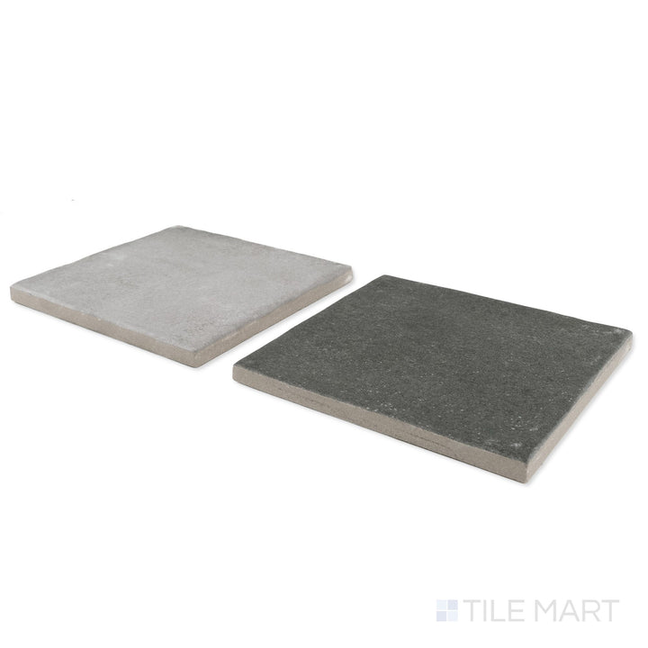 Corner shot of Stage 4x4 grey and charcoal checkerboard matte porcelain tile revealing its edge profile and deep tone-on-tone matte surface