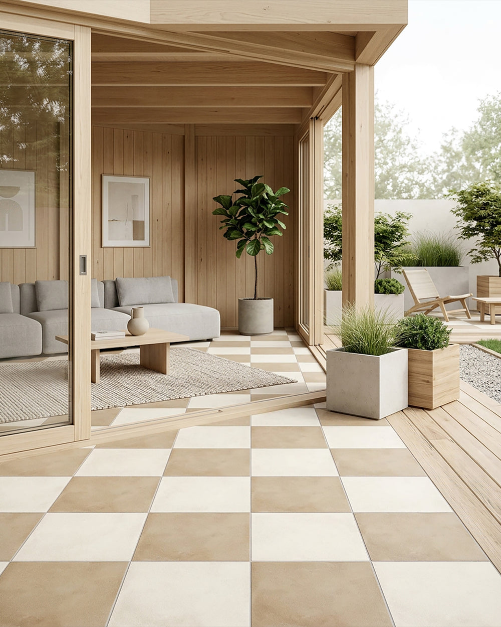 Large-format 24x24 avorio and biscotto matte porcelain checkerboard tile conveying a soft, creamy elegance with understated Italian-inspired warmth