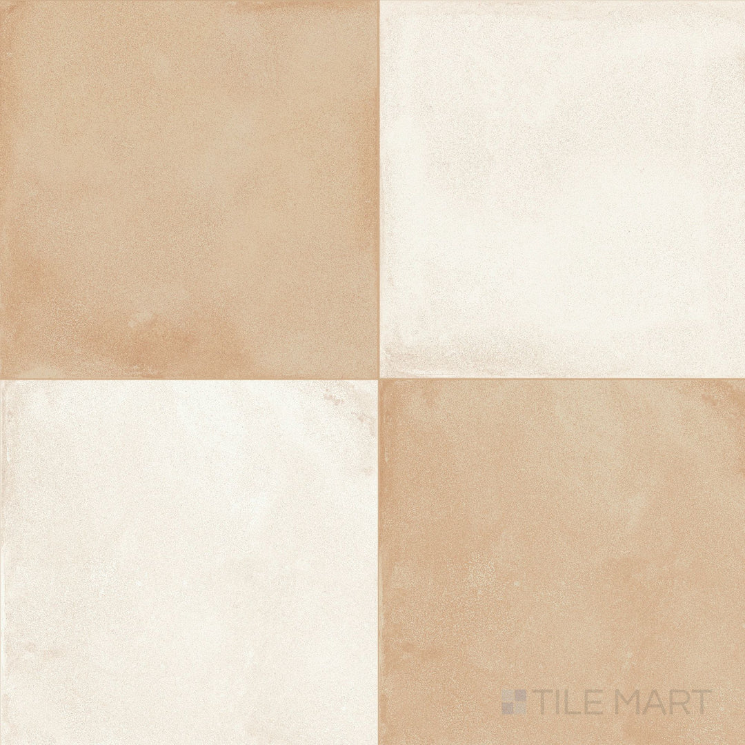 Large-format 24x24 matte porcelain checkerboard tile in creamy avorio and warm biscotto tones