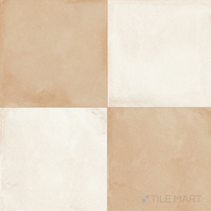 Large-format 24x24 matte porcelain checkerboard tile in creamy avorio and warm biscotto tones