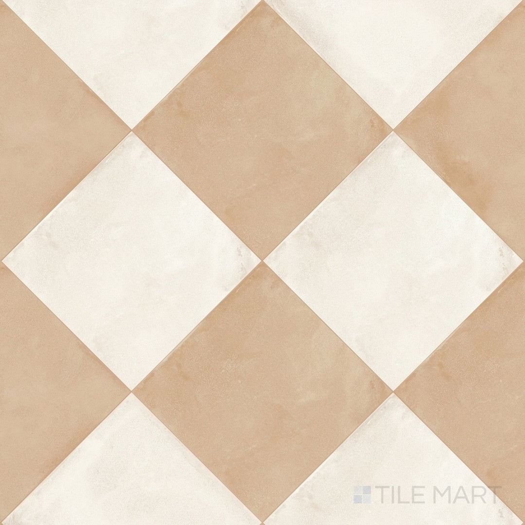 Overview of Amuri 24x24 avorio and biscotto checkerboard matte porcelain tile from an alternate angle highlighting its soft creamy tonal pairing and large-format pattern layout