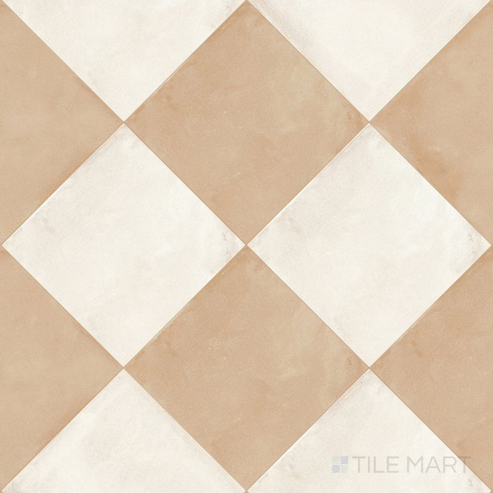 Overview of Amuri 24x24 avorio and biscotto checkerboard matte porcelain tile from an alternate angle highlighting its soft creamy tonal pairing and large-format pattern layout