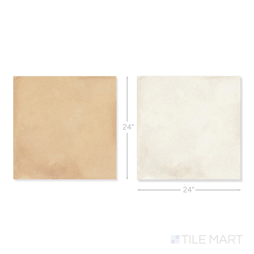 Top-down view of a single Amuri 24x24 avorio and biscotto checkerboard matte porcelain tile showing its soft neutral two-tone surface and matte finish detail