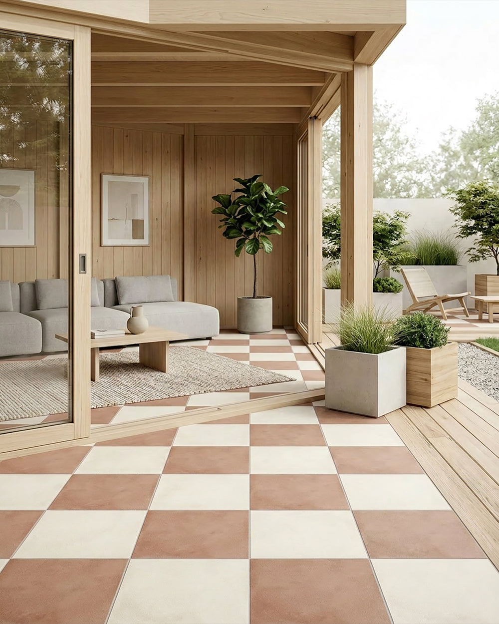Large-format 24x24 avorio and cotto matte porcelain checkerboard tile showcasing a warm interplay of creamy ivory and rustic terracotta tones