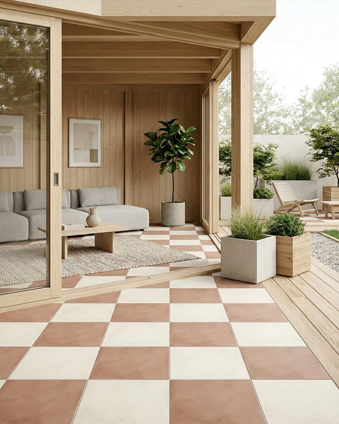 Large-format 24x24 avorio and cotto matte porcelain checkerboard tile showcasing a warm interplay of creamy ivory and rustic terracotta tones