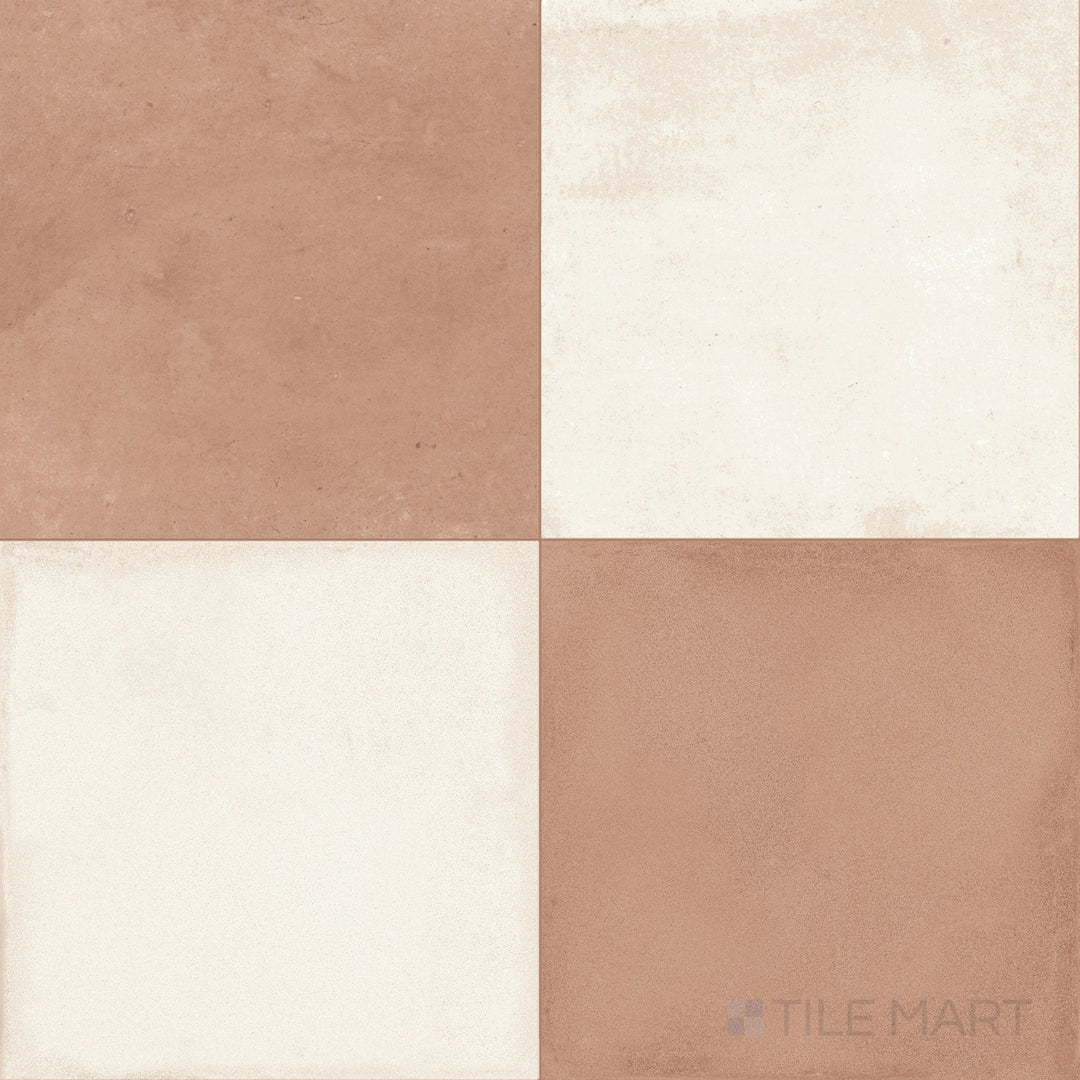 24x24 matte porcelain tile with an alternating avorio and rustic cotto checkerboard pattern