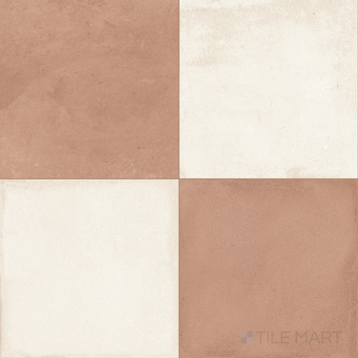 24x24 matte porcelain tile with an alternating avorio and rustic cotto checkerboard pattern
