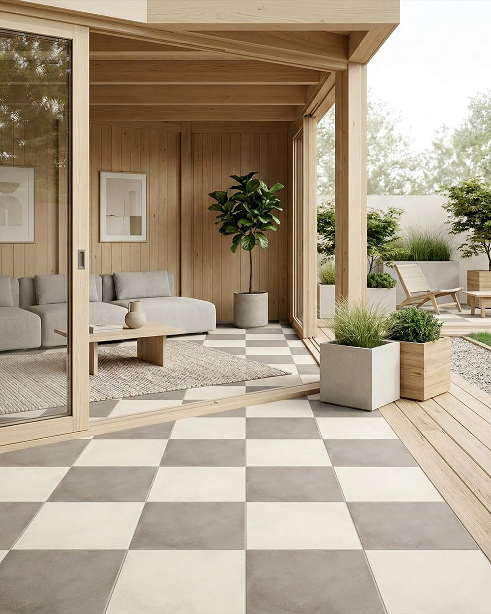 Large-format 24x24 avorio and grigio matte porcelain checkerboard tile reflecting a cool, balanced palette with quiet sophistication