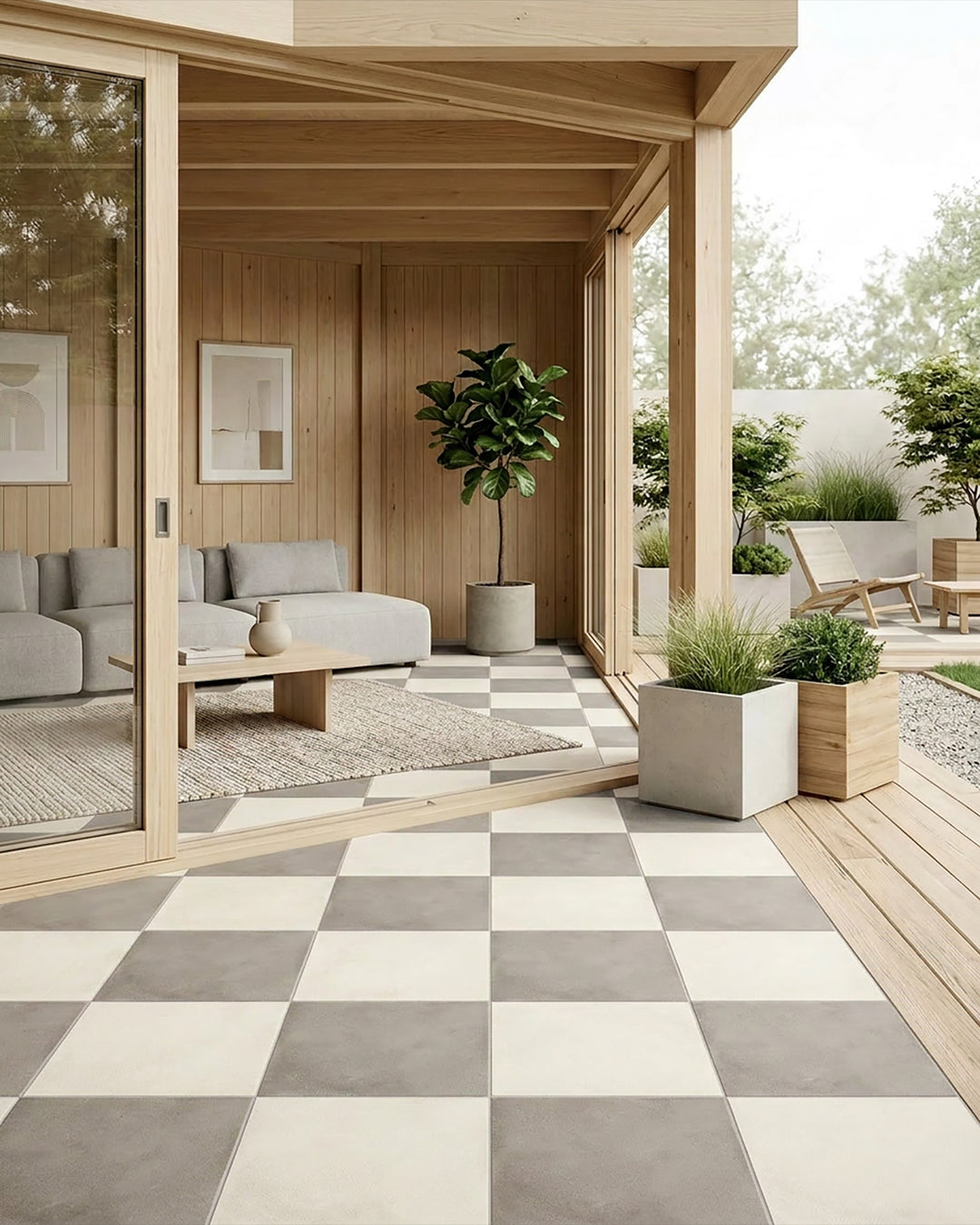 Large-format 24x24 avorio and grigio matte porcelain checkerboard tile reflecting a cool, balanced palette with quiet sophistication