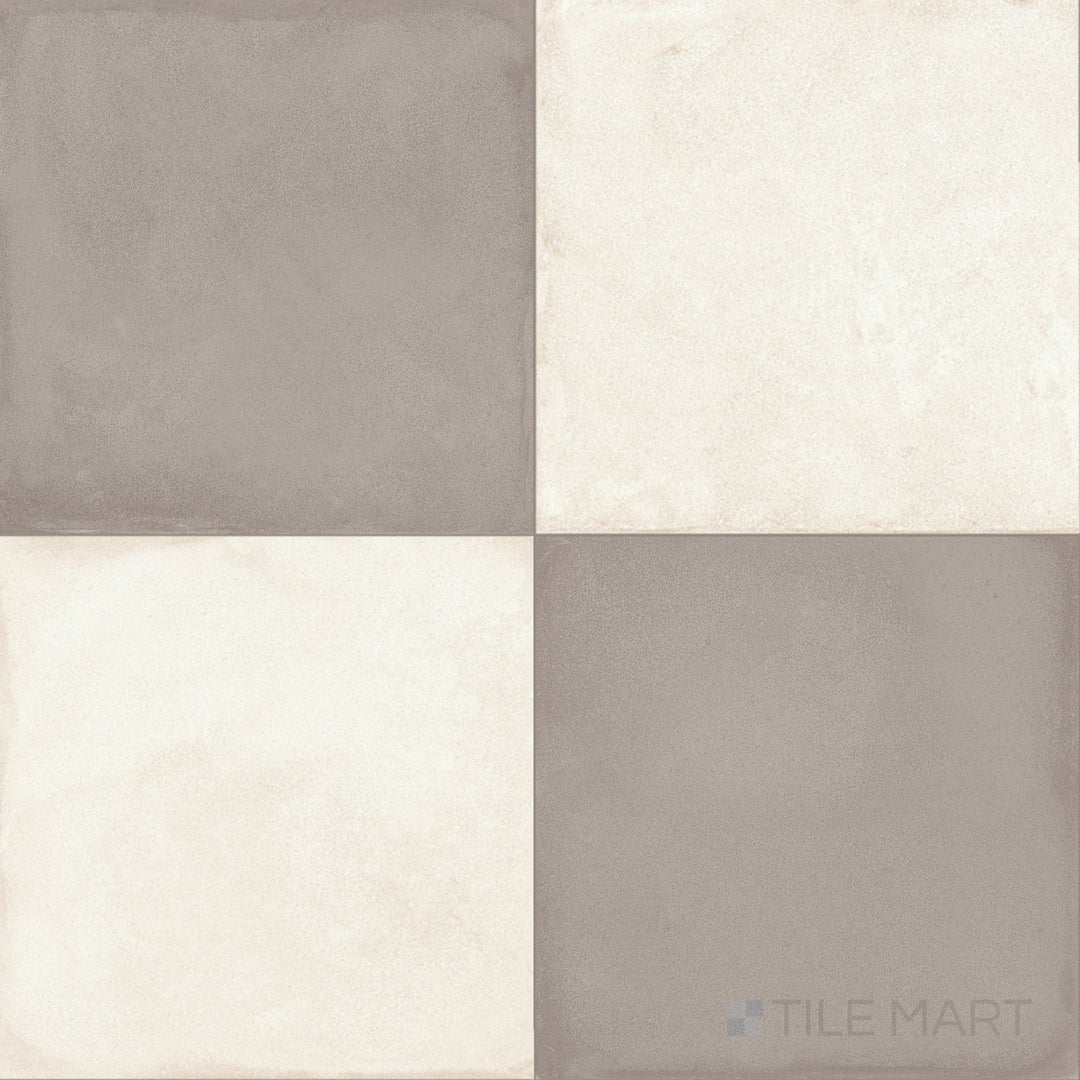 Elegant large-format checkerboard porcelain tile pairing soft avorio with cool grigio in a matte 24x24 finish