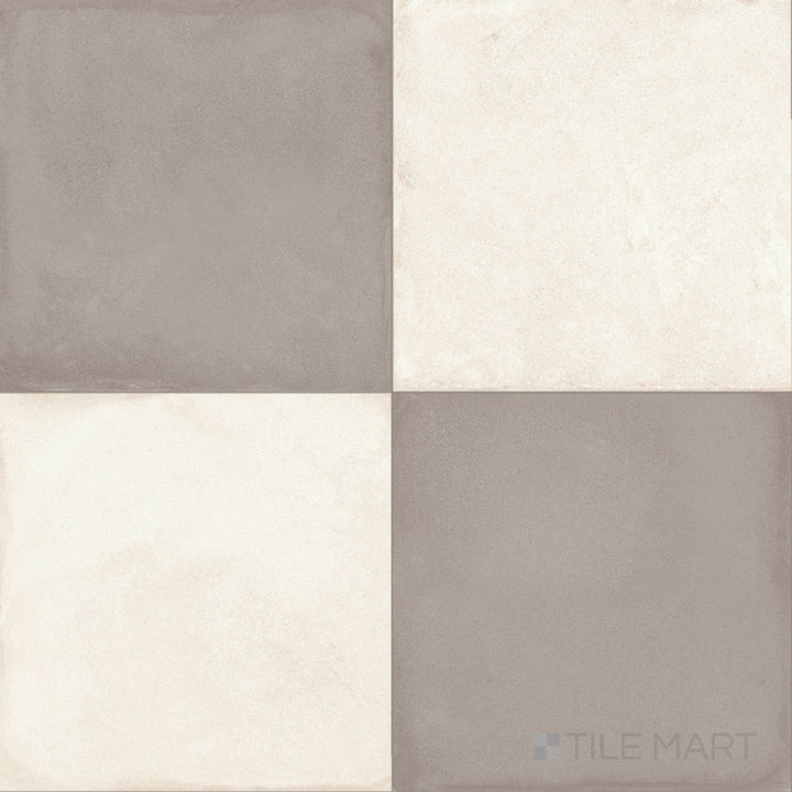Elegant large-format checkerboard porcelain tile pairing soft avorio with cool grigio in a matte 24x24 finish