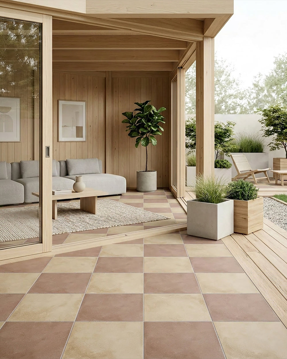 Large-format 24x24 biscotto and cotto matte porcelain checkerboard tile capturing a rich, earthy warmth with a distinctly Mediterranean feel