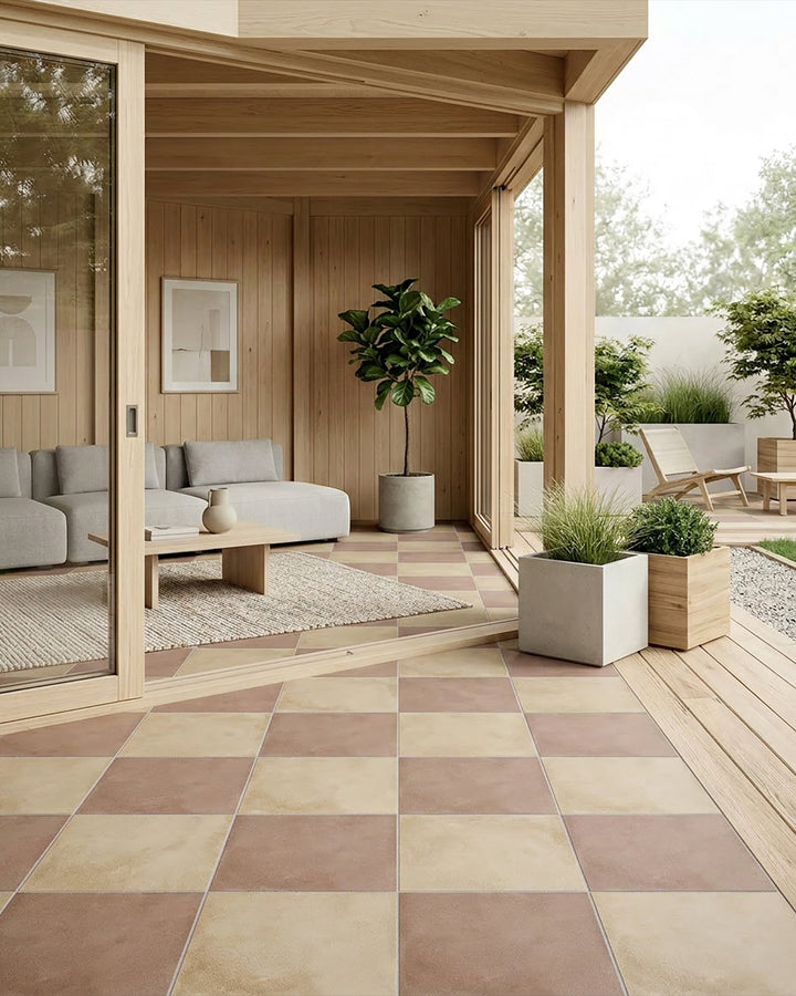 Large-format 24x24 biscotto and cotto matte porcelain checkerboard tile capturing a rich, earthy warmth with a distinctly Mediterranean feel