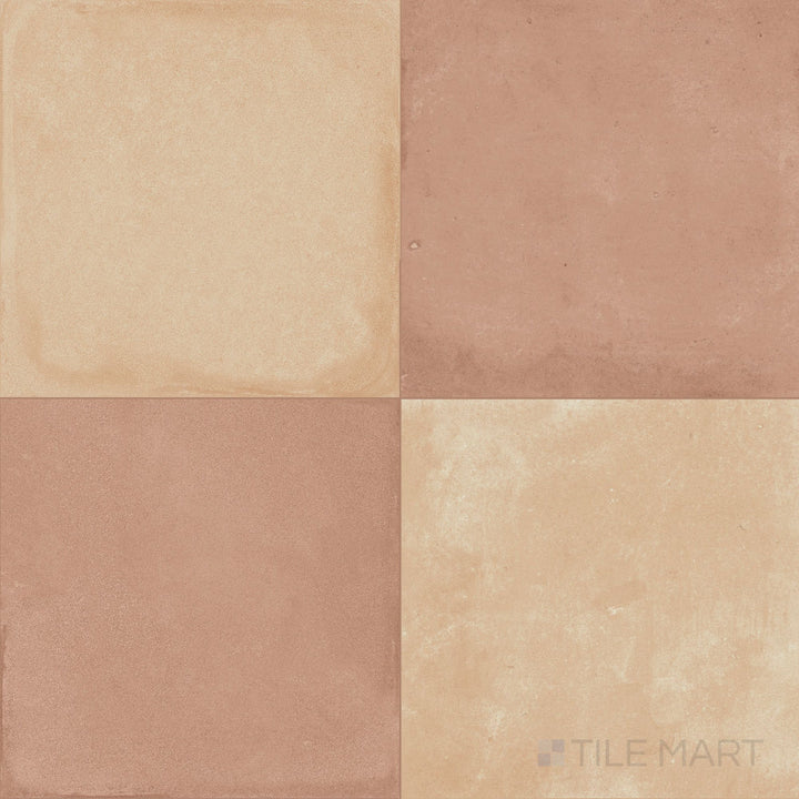 Earthy 24x24 matte porcelain checkerboard tile blending toasty biscotto and rich cotto squares