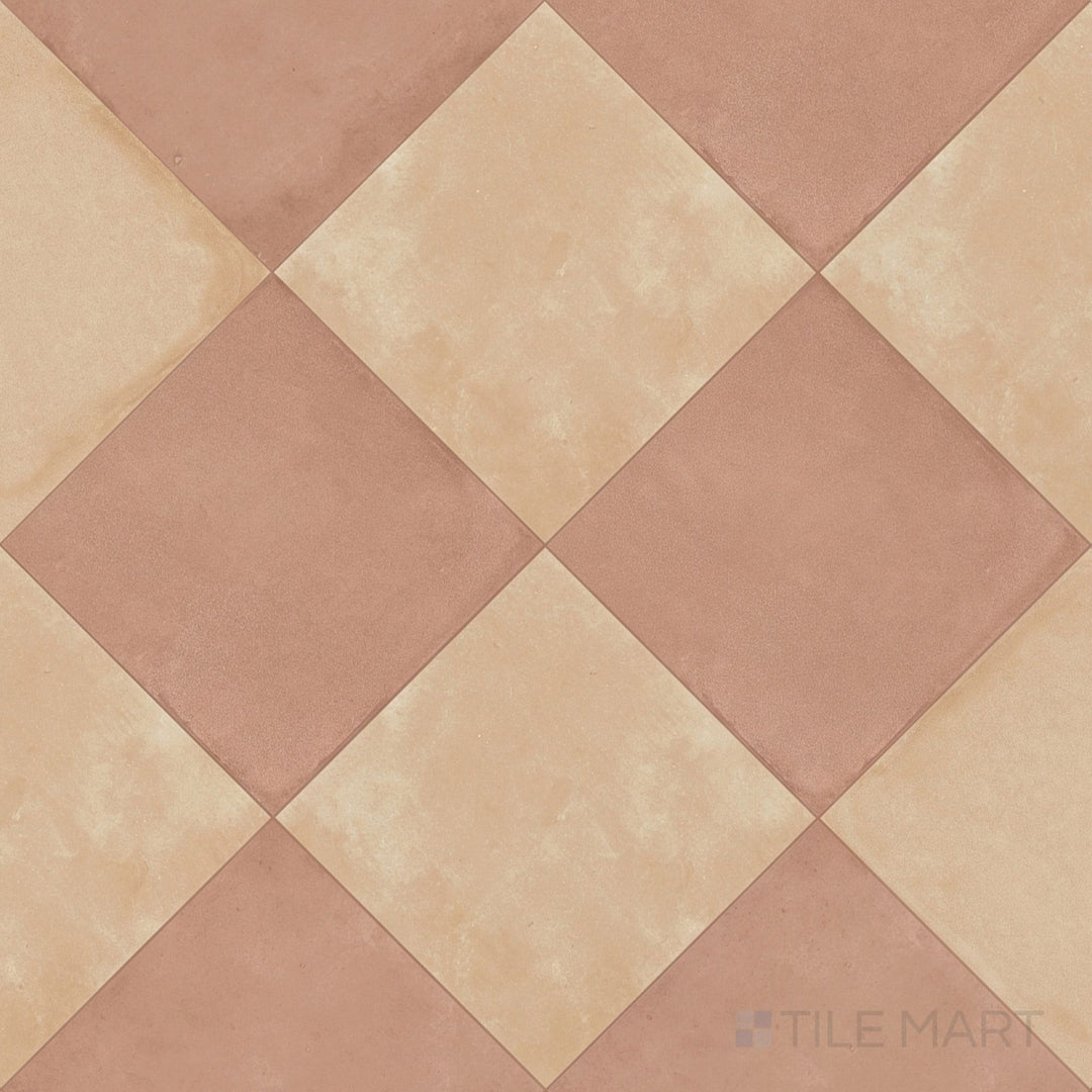 Overview of Amuri 24x24 biscotto and cotto checkerboard matte porcelain tile from an alternate angle highlighting its rich earthy tonal pairing and large-format pattern layout