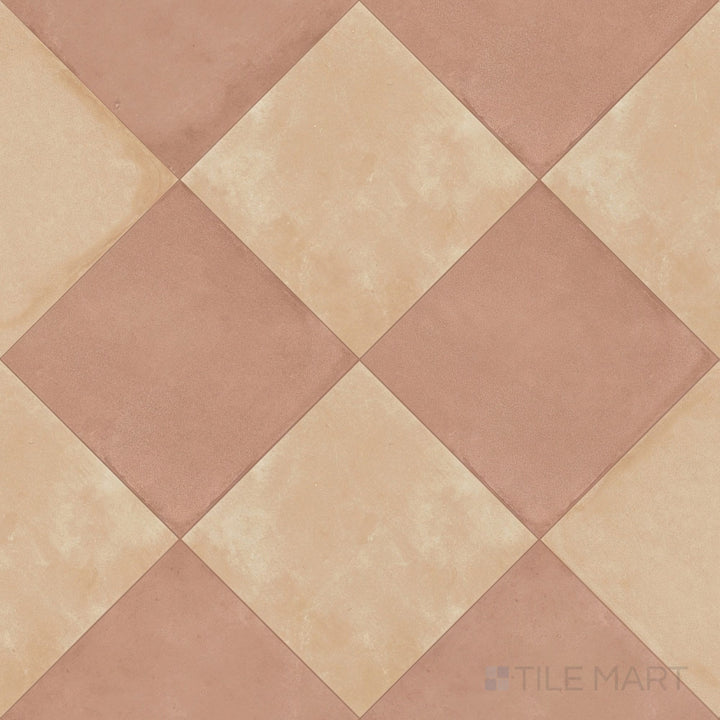 Overview of Amuri 24x24 biscotto and cotto checkerboard matte porcelain tile from an alternate angle highlighting its rich earthy tonal pairing and large-format pattern layout