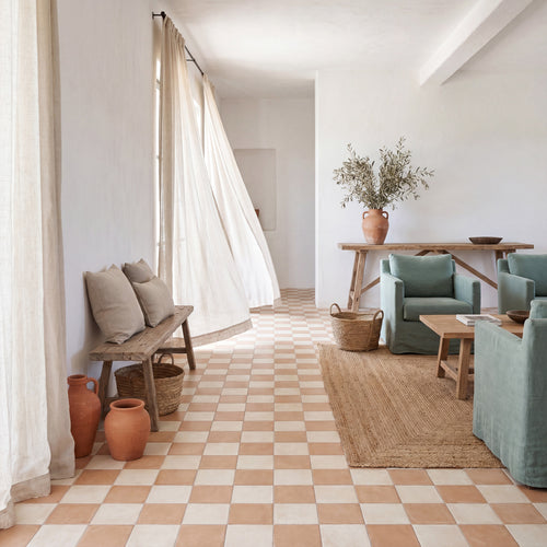Amuri 8x8 Checkerboard Matte Porcelain Tile in Avorio and Biscotto