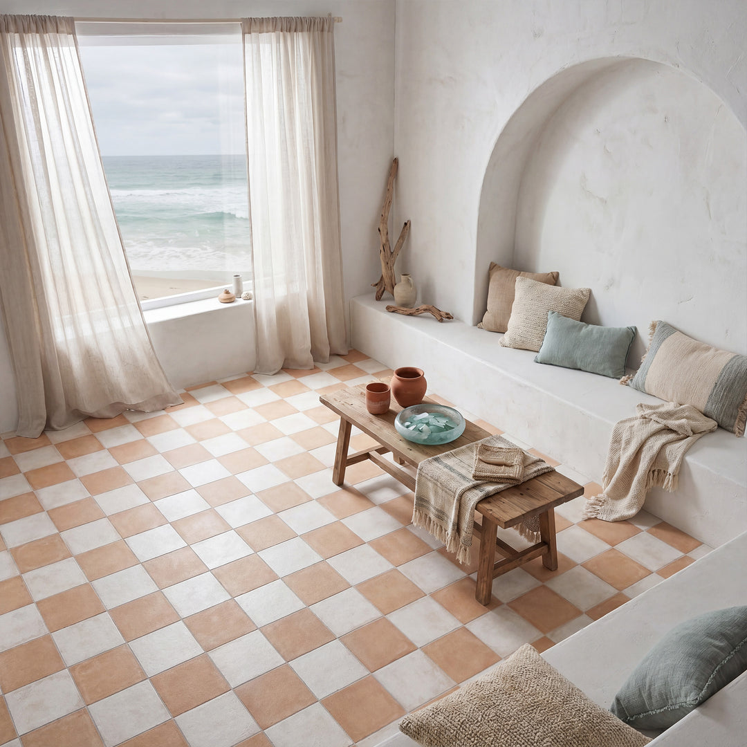 8x8 avorio and biscotto matte porcelain checkerboard tile emphasizing its understated neutral pairing and refined Italian-inspired character