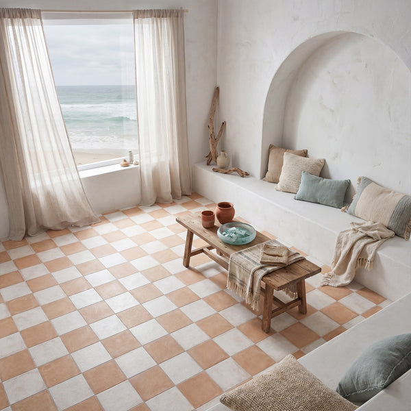 8x8 avorio and biscotto matte porcelain checkerboard tile emphasizing its understated neutral pairing and refined Italian-inspired character