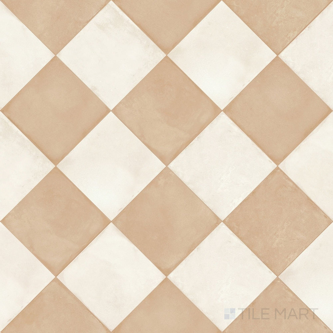 Overview of Amuri 8x8 avorio and biscotto checkerboard matte porcelain tile from an alternate angle highlighting its soft creamy tonal pairing and geometric pattern layout