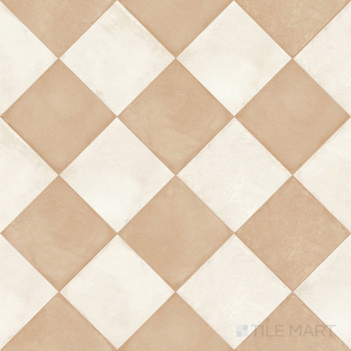Overview of Amuri 8x8 avorio and biscotto checkerboard matte porcelain tile from an alternate angle highlighting its soft creamy tonal pairing and geometric pattern layout