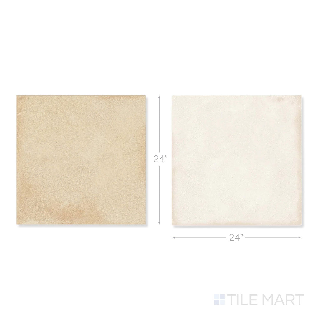 Top-down view of a single Amuri 8x8 avorio and biscotto checkerboard matte porcelain tile showing its soft neutral two-tone surface and matte finish detail