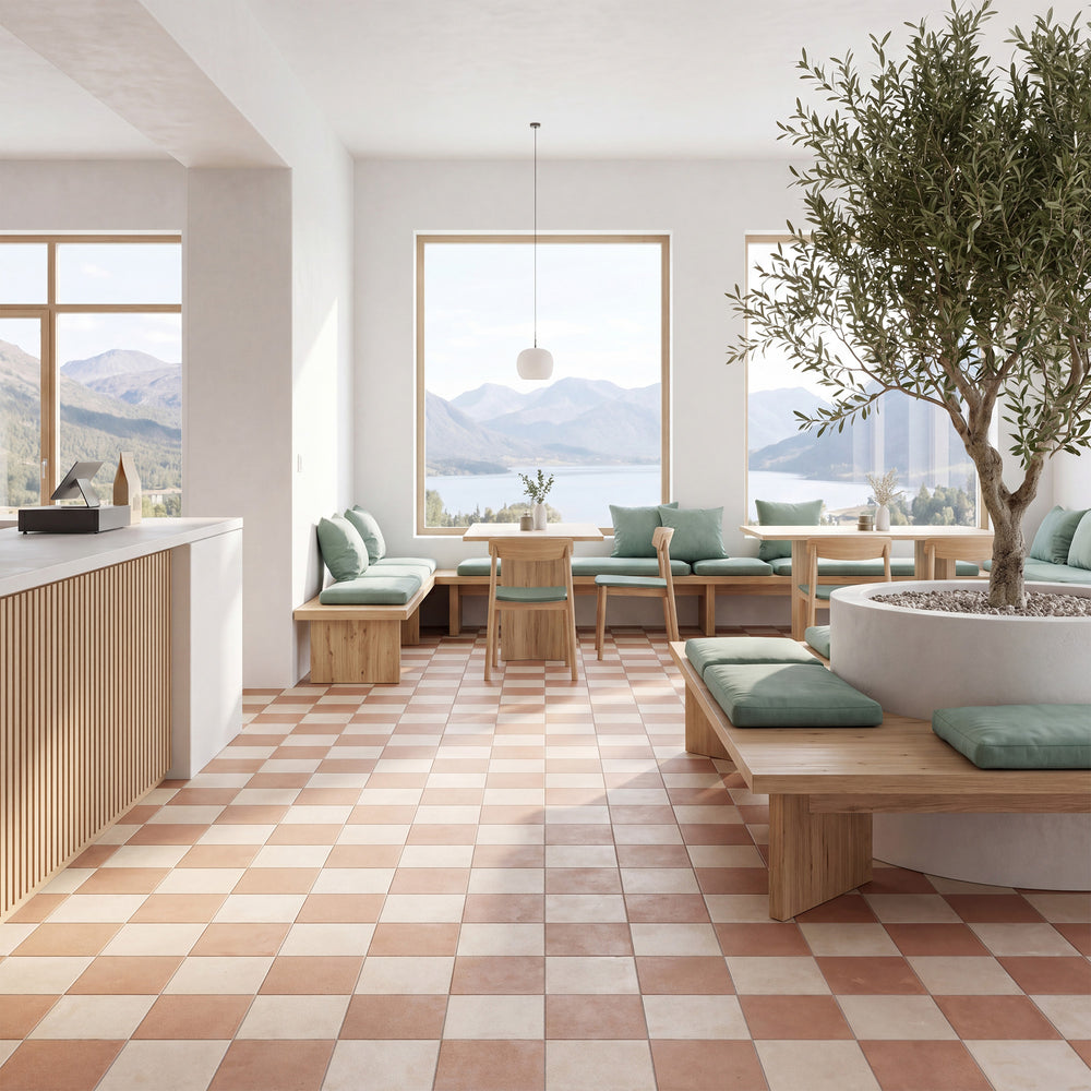 8x8 avorio and cotto matte porcelain checkerboard tile showcasing a warm contrast between creamy ivory and earthy rustic tones