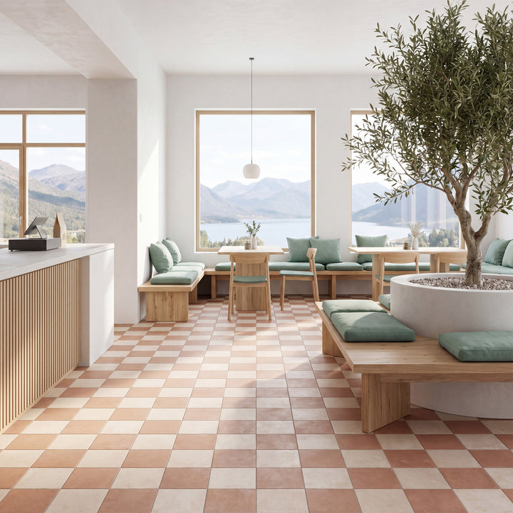 8x8 avorio and cotto matte porcelain checkerboard tile showcasing a warm contrast between creamy ivory and earthy rustic tones