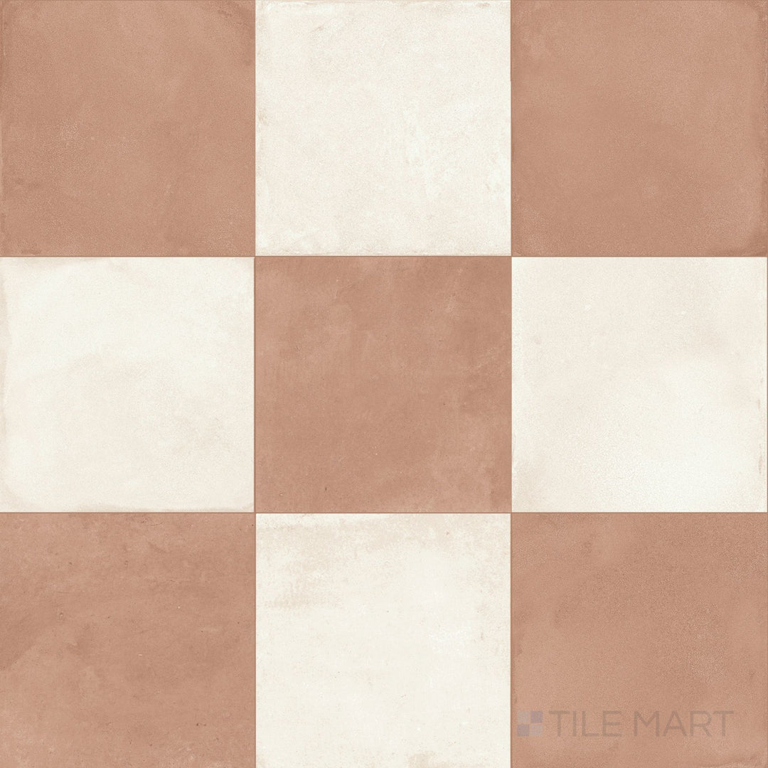Mid-format 8x8 matte porcelain tile in a two-tone avorio and cotto checkerboard layout