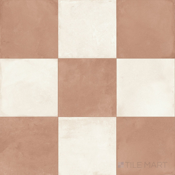 Mid-format 8x8 matte porcelain tile in a two-tone avorio and cotto checkerboard layout
